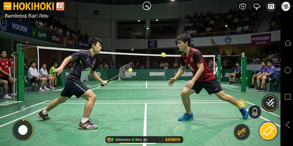 Screenshot HOKIHOKI menunjukkan aksi badminton yang mendebarkan.